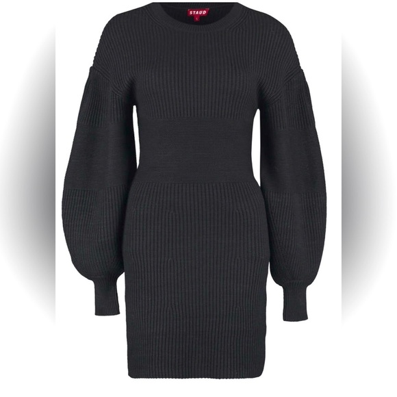 STAUD dress Marylebone balloon sleeve ribbed knit mini dress NWT black S $245- - Picture 7 of 12